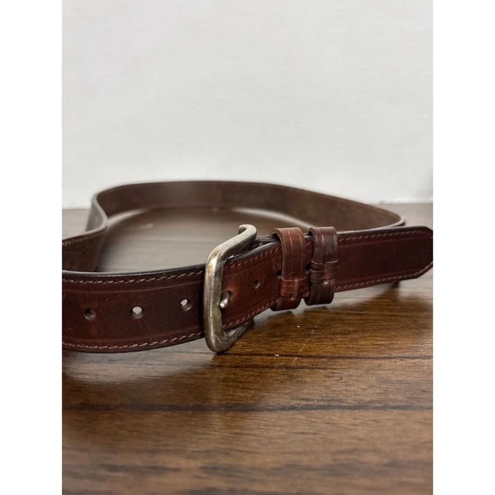 Mens Brown Top Grain Leather Belt Size 40 Stitched Western Casual Silver Buckle